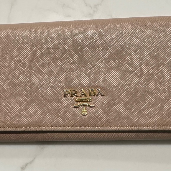 Prada Handbags - Prada Tan Saffiano Leather Wallet with Gold Logo